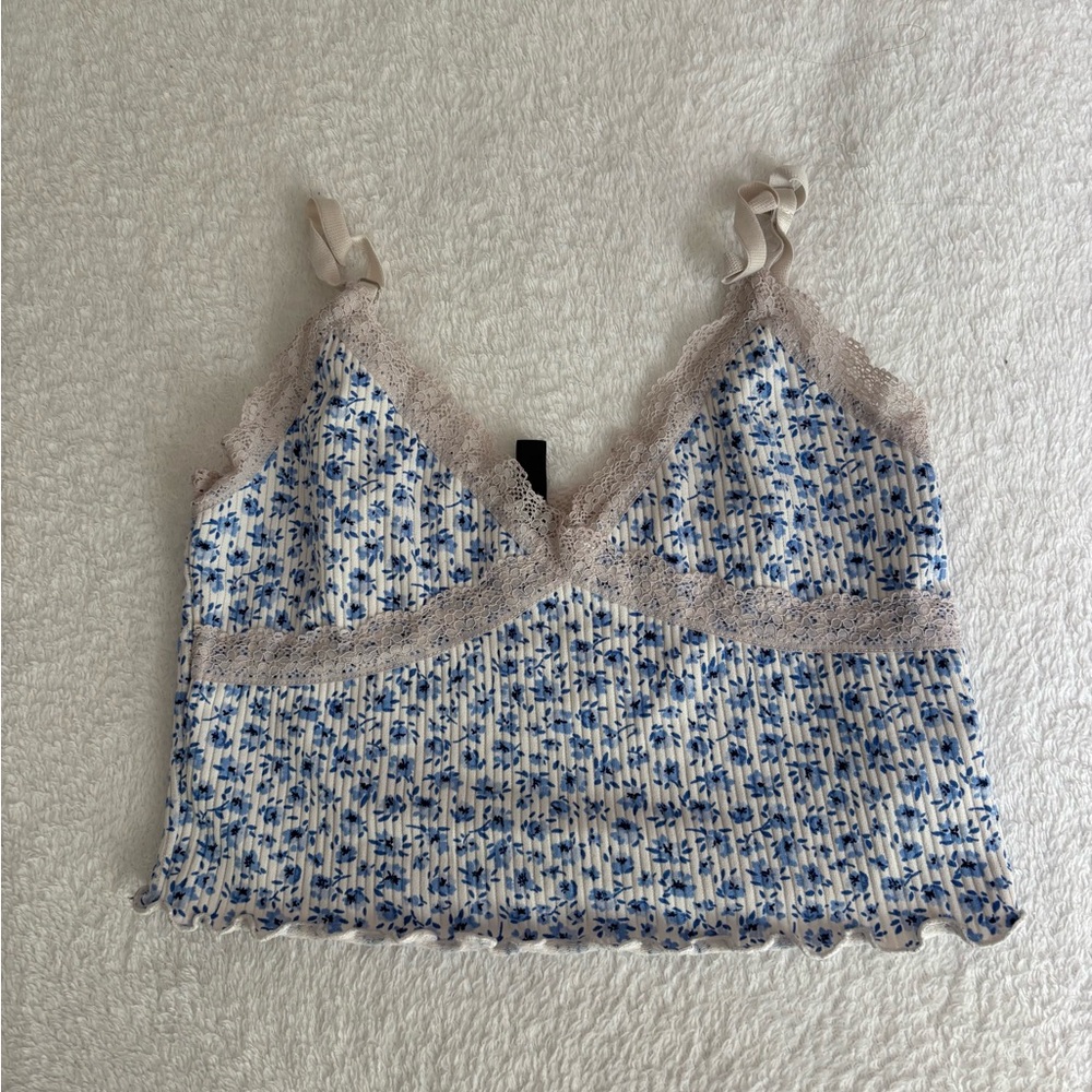 H&M y2k Blue Floral Lace Trim Tank Top